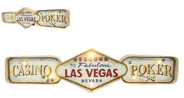 Plaque Métal Lumineuse LED - Déco Murale Vintage - Las Vegas Casino Poker (62x16cm)