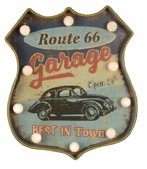 Plaque Métal Lumineuse LED - Déco Murale Vintage - Garage Voiture Route 66 (36x32cm)