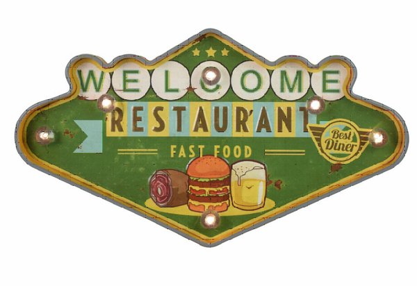 Plaque Métal Lumineuse LED - Déco Murale Vintage - Welcome Restaurant Fast Food (48x28cm)