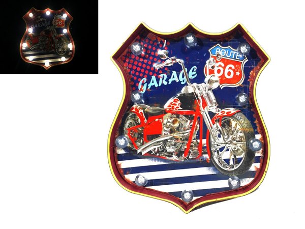 Plaque Métal Lumineuse LED - Déco Murale Vintage - Garage Route 66 Harley Rouge (36x30cm)