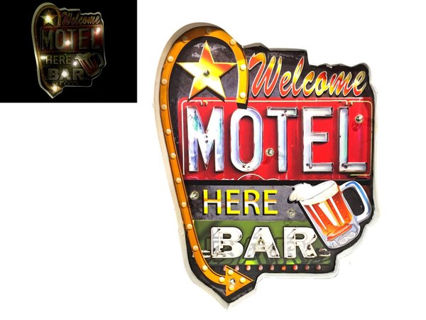 Plaque Métal Lumineuse LED - Welcome Motel Bar Here (48x36cm)