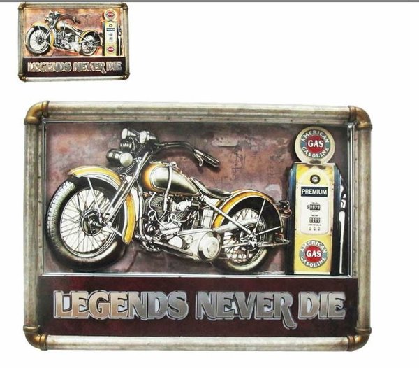 Plaque Métal Lumineuse LED - Déco Murale Vintage - Legends Never Die Moto Harley Gas Station (54x40c