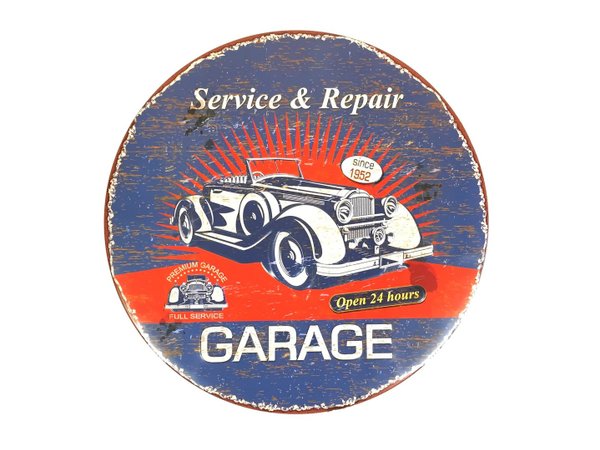 Plaque Métal Déco Vintage - Forme Arrondie - Service & Repair Garage Voiture (Diam. 30cm)