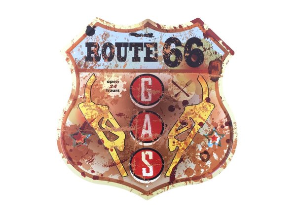 Plaque Métal Déco Vintage - Forme Ecusson - Route 66 Station Gas Brown (30x30cm)