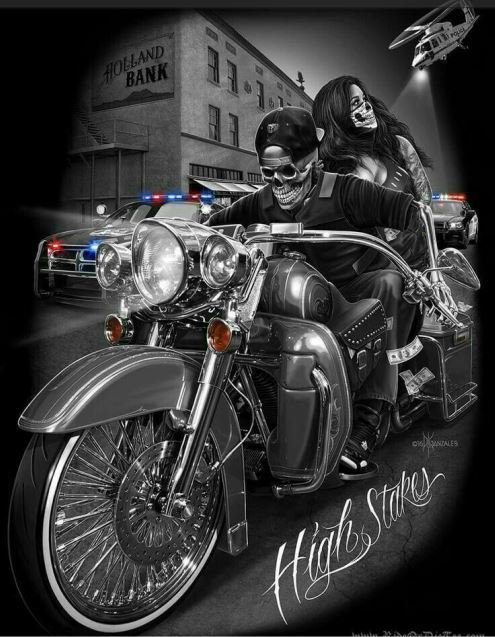 Plaque Métal Déco Vintage - Course Poursuite Moto Police Braquage - High Stakes Squelette (30x40cm)
